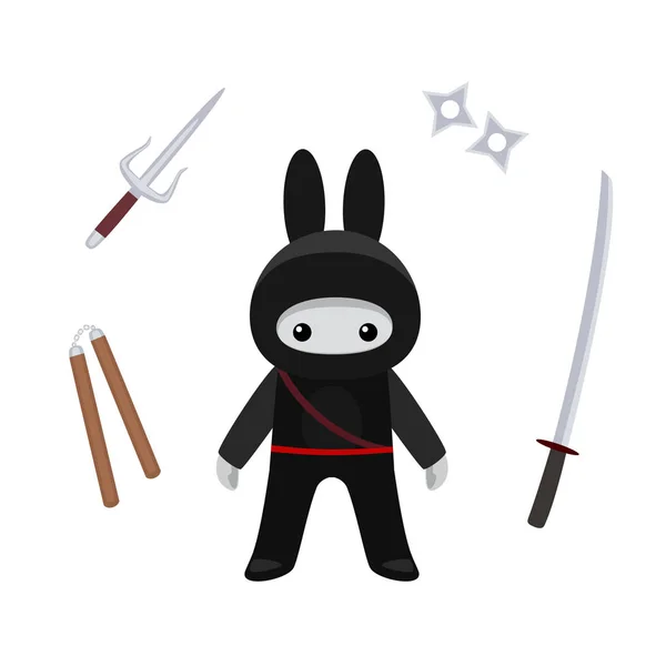 De pie lindo conejito ninja aislado con armas sobre fondo blanco — Vector de stock