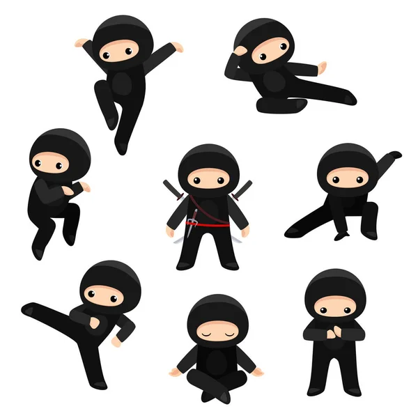 Conjunto de ninjas bonitos em várias poses isoladas no fundo branco — Vetor de Stock