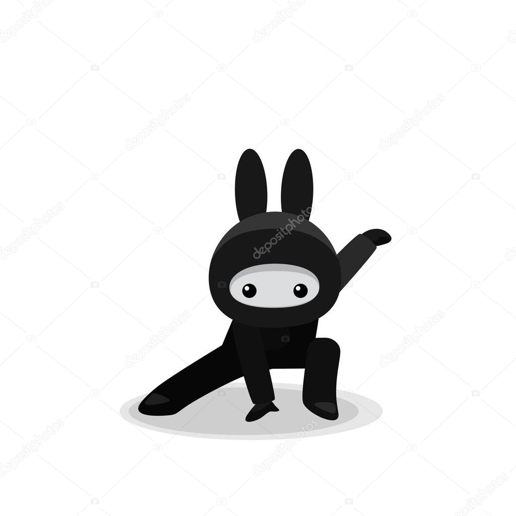 Squatting cute bunny ninja isolated on white background 