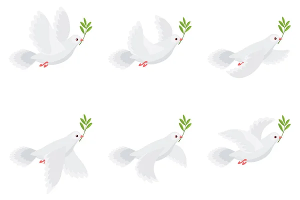 Illustration of flying dove holding olive branch animation sprite sheet isolated on white background — Stock Vector