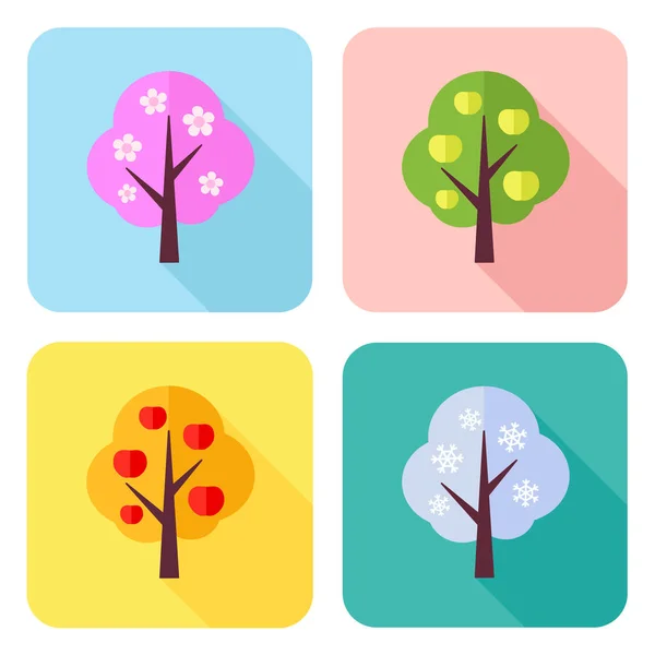Conjunto de iconos planos con cuatro estaciones árboles - primavera, verano, otoño, invierno — Vector de stock