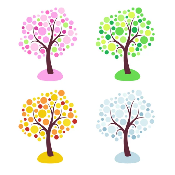 Four seasons trees stylized with circles isolated on white background — Stock Vector