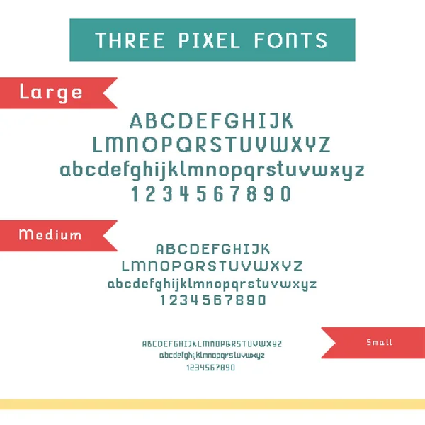 Vector set of pixel fonts - large, medium and small alphabet and numbers. Isolated on white — Stock Vector