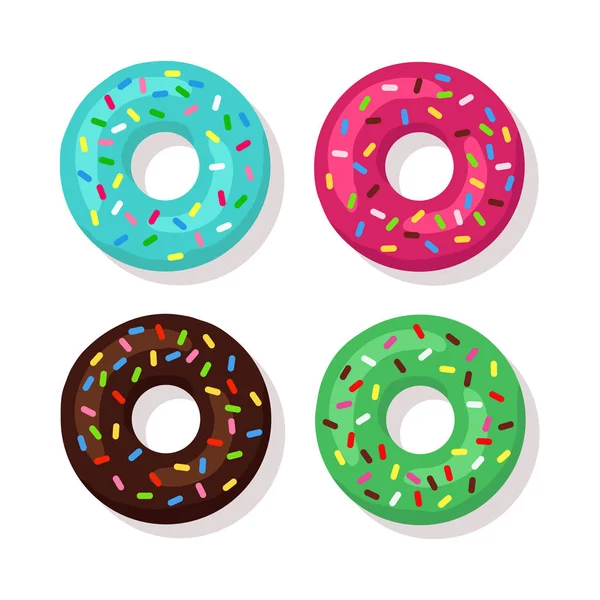 Set of cartoon sweet donuts with colorful glaze and sprinkles isolated on white background — Stock Vector