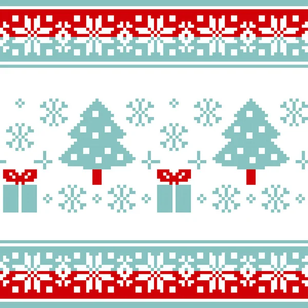 Vector pattern for knitting with Christmas trees, gifts and colorful borders — Stock Vector