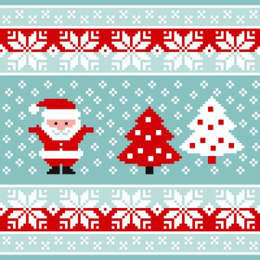Vektör desen Noel Baba, Noel ağaçları ve renkli kenarlıklar ile örme için 