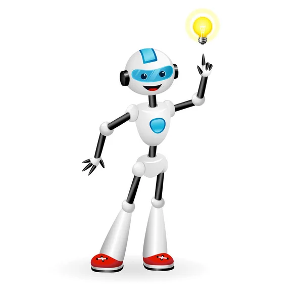 Cute robot pointing at good idea light bulb. Aha moment concept. Isolated on white background — Stock Vector