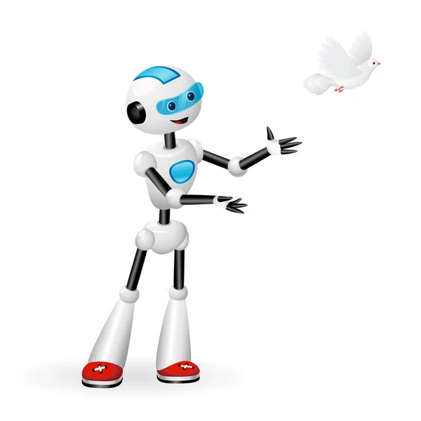 Lindo robot liberando una paloma para concepto de libertad aislado sobre fondo blanco — Vector de stock