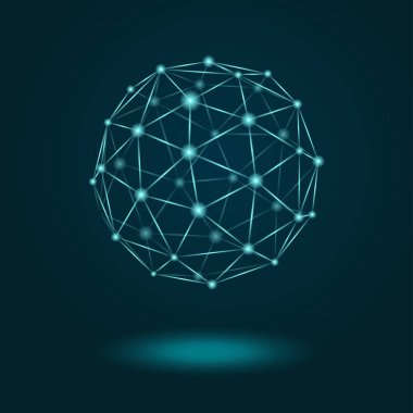Koyu mavi arka plan üzerinde parlayan tel kafes küre. Çizgiler ve noktalar bağlı soyut poligonal nesnesiyle 