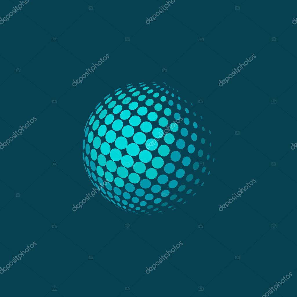 Vector illustration of abstract dotted halftone sphere on blue background. Plane colors
