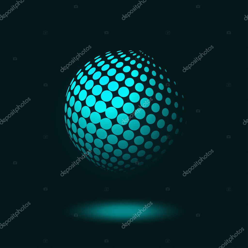 Vector illustration of abstract dotted halftone sphere on dark blue background