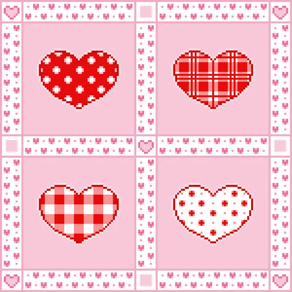 Patchwork background with hearts for Valentine's Day greetings in Pixel-Art style — Stock Vector