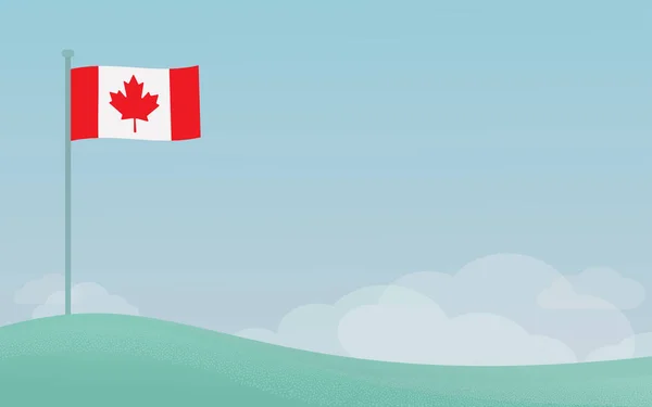 Canadese vlag zwaaien op een paal tegen blauwe hemelachtergrond met copyspace — Stockvector