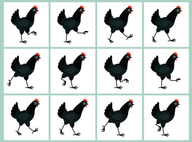 Walking black hen animation sprite sheet isolated on white background  clipart
