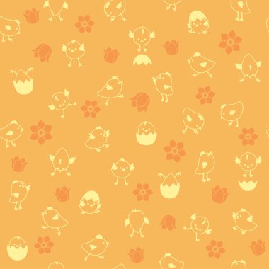 Kesintisiz anahat Paskalya desenle civciv ve çiçekler 