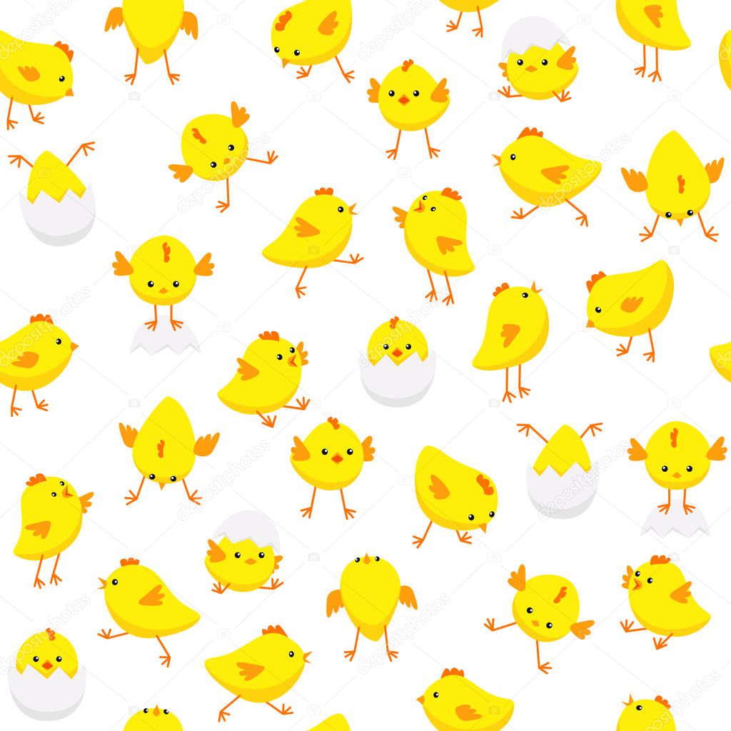 Seamless Easter pattern with cute chicks in various poses isolated on white background 