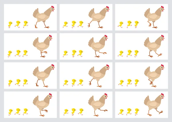 Beyaz arka plan üzerinde izole yürüyen ışık kahverengi tavuk ve civciv animasyon sprite sayfası — Stok Vektör