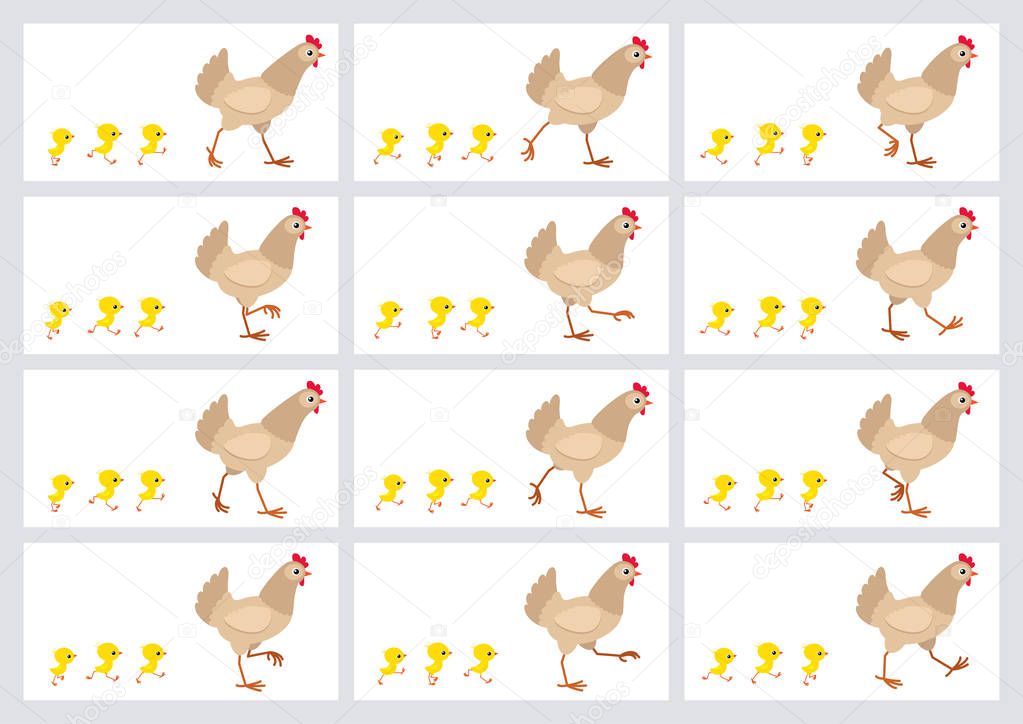Walking light brown hen and chicks animation sprite sheet isolated on white background 