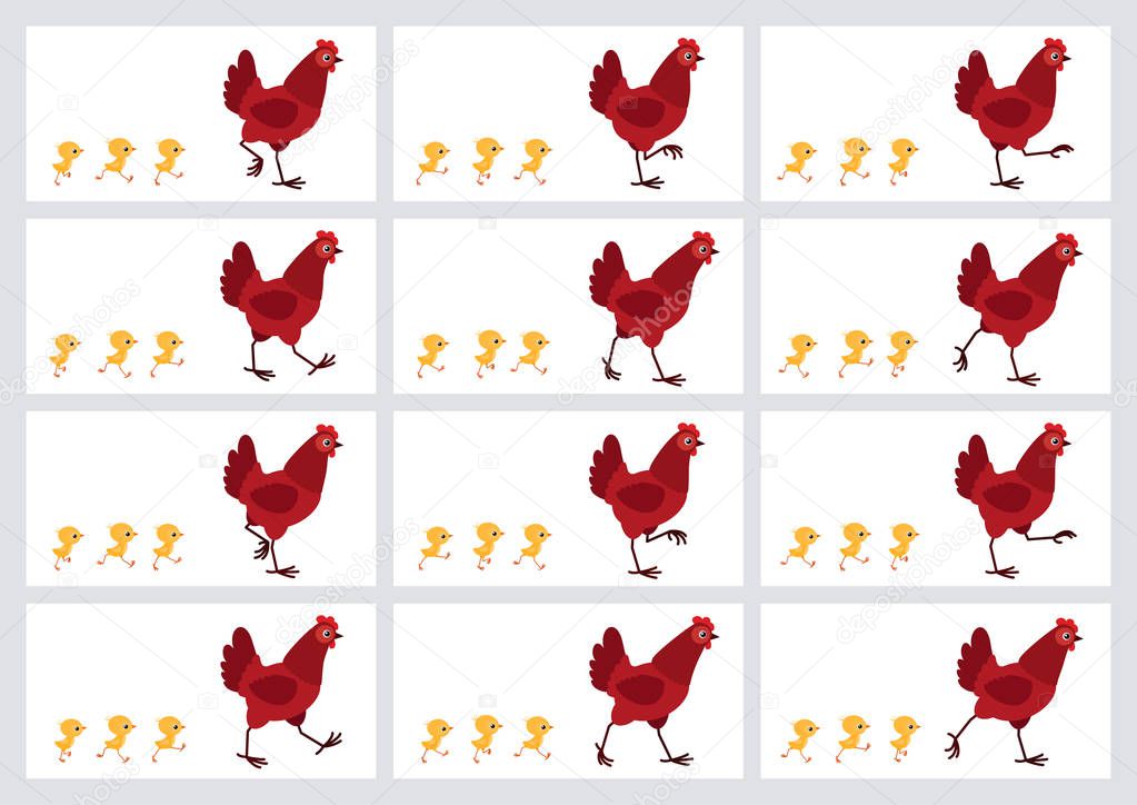 Walking red hen and chicks animation sprite sheet isolated on white background 