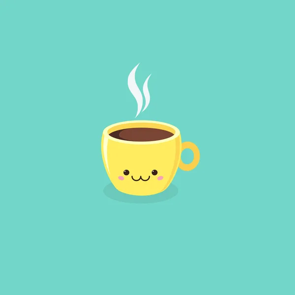 Taza de café kawaii lindo amarillo sobre fondo turquesa — Vector de stock