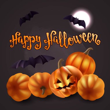 Cadılar Bayramı balkabakları, yarasalar ve ay. Elle vektör illüstrasyonu