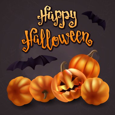 Cadılar Bayramı balkabağı ve yarasa kartı. El ile vektör illüstrasyonu