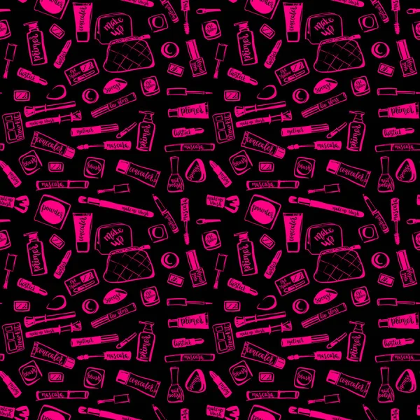 Makyaj kozmetik elementler deseni harflerle. Pembe makyaj cihazı.