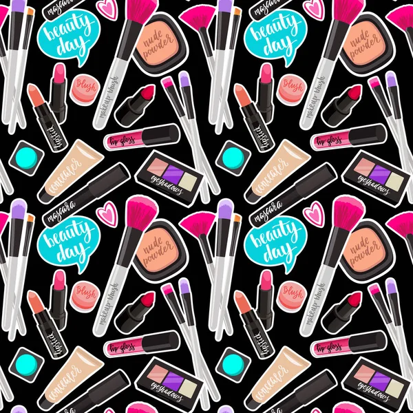 Seamless Pattern Fashion Makeup Items Patch Badges Speech — Stock Vector