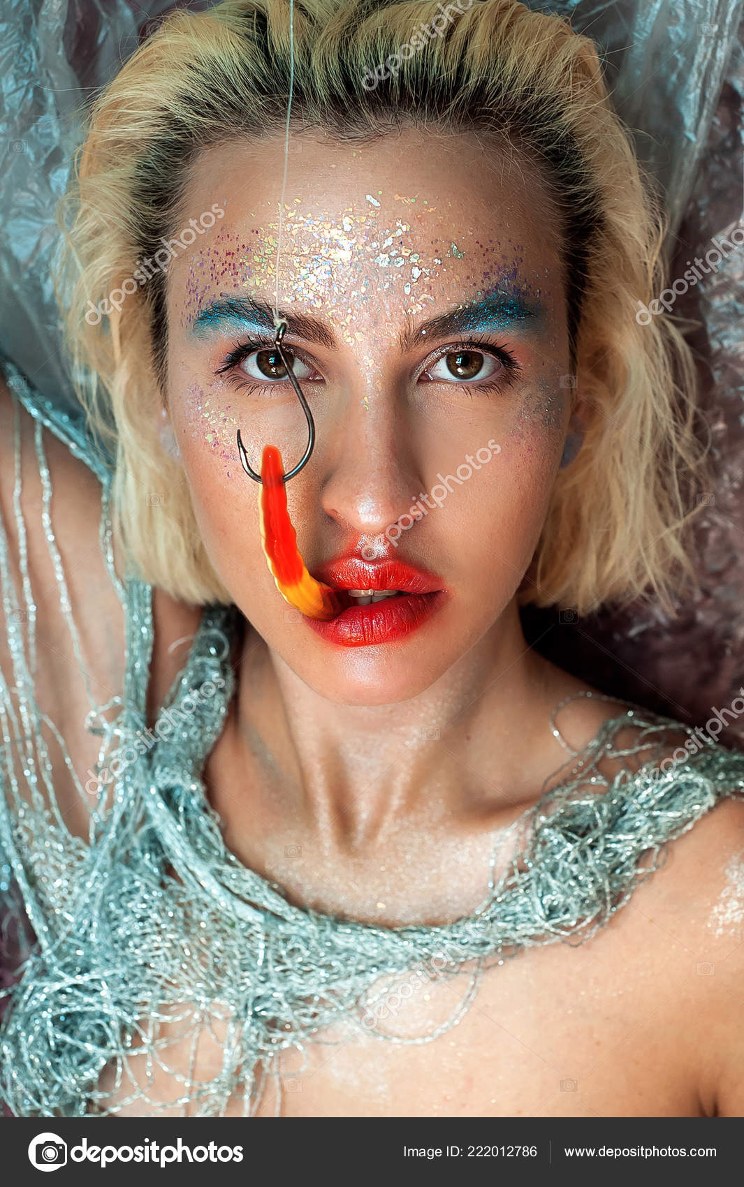 Beautiful Caucasian Model Short Blonde Hair Big Red Lips Clad