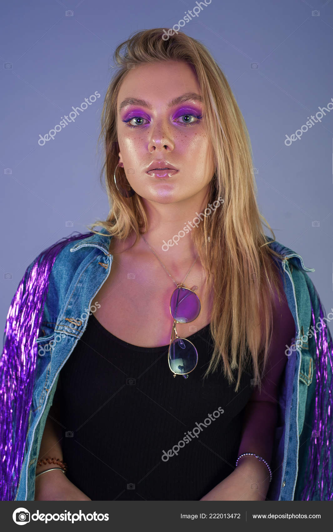 Portrait Caucasian Teenage Girl Long Blonde Hair Expressive Purple
