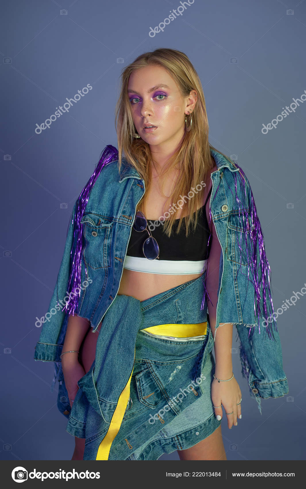 Portrait Caucasian Teenage Girl Long Blonde Hair Creative Purple