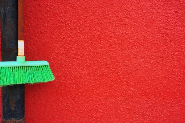 Detail Green Broom Stick Hanging Red House Facade Next Black Stock Photo