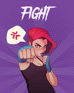 Poster, card or t-shirt print with angry boxing girl with blue boxing bandages, and red hair. Trendy anime style vector illustration clipart