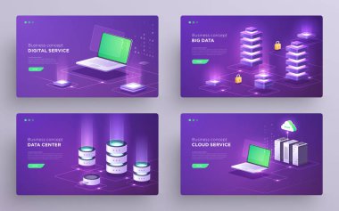 Slaytları, kahraman sayfaları veya dijital teknoloji afiş kümesi. Veri koruma, web hosting, sunucu odası, bulut yedekleme, ağ topolojisi. İzometrik ultraviyole vektör çizimler