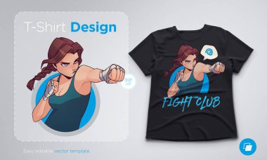 Bandaj boks kızgın boks kızla T-shirt tasarım. Popüler anime tarzı vektör çizim