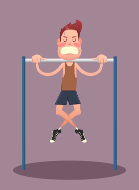 Fitness, spor, sağlık, egzersiz, eğitim ve yaşam tarzı kavramı - genç adam yatay çubuğu'nda yapıyor. Vektör çizim