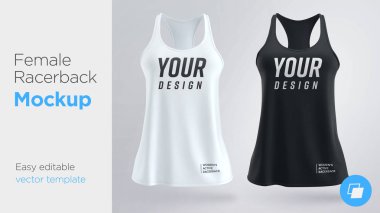 Bayanlar siyah ve beyaz kolsuz tişört. Kadın active racerback mockup. Vektör çizim