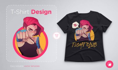 T-shirt design with angry boxing girl with blue boxing bandages, and red hair. Trendy anime style vector illustration clipart