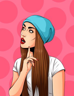 Pop Art Vintage reklam afişi komik kız. Karışık düşünme güzel kız. Vektör çizim