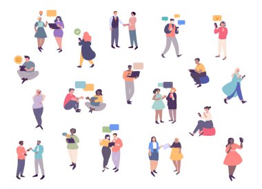 Genç erkek ve kadınlar, selfie alarak müzik birbirleri ile iletişim. Erkek ve dişi çizgi film karakterleri ile iletişim kurmak için teknolojisini kullanarak grubu. Düz vektör çizim