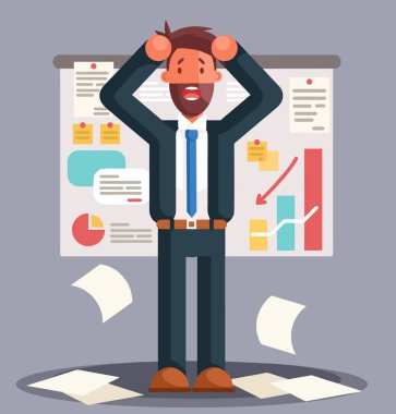 Stresli iş adamı kötü sonuçlar grafik karşı ayakta. İş başarısız. Düz illüstrasyon vektör grafik