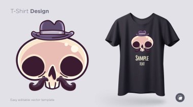 Bir bıyık t-shirt tasarımı ile şapkalı bir kafatası beyefendi. Giysi, poster ya da Hatıra Eşyası için yazdırın. Vektör çizim