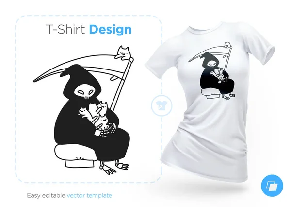 Tod Mit Sense Sitzt Mit Einer Katze Arm Shirt Design — Stockvektor