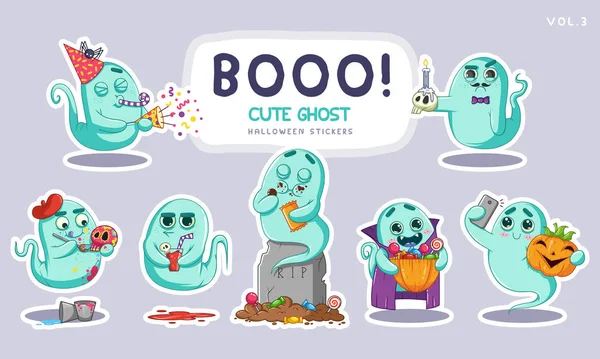 Sticker Set Cute Cartoon Spoken Met Verschillende Gezichtsuitdrukkingen Vectorillustratie — Stockvector