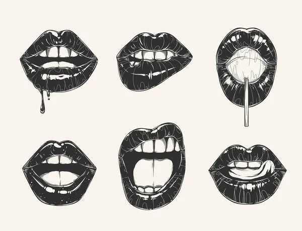 Woman Lip Gestures Set Black White Girl Mouths Close Different — Stock Vector