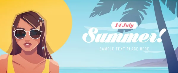 Illustration Girl Hat Tropical Landscape Background Summer Vacation Poster Flyer — Stock Vector