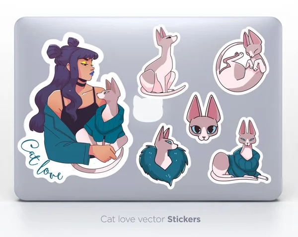 Sticker Set Avec Fille Mignonne Chats Illustration Vectorielle — Image vectorielle