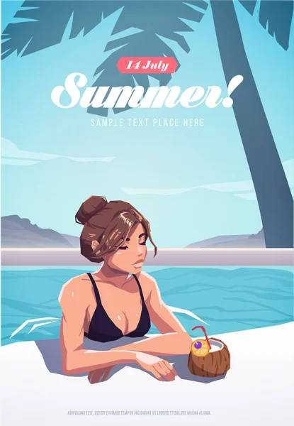 Chica Relajándose Piscina Cartel Folleto Vacaciones Verano Ilustración Vectorial — Archivo Imágenes Vectoriales