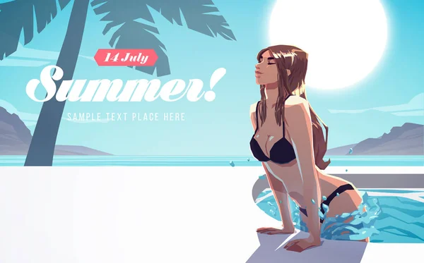 Mädchen Entspannen Schwimmbad Sommerferienposter Oder Flyer Vektorillustration — Stockvektor