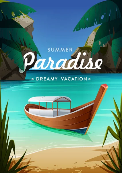 Cartaz Paraíso Tropical Vista Mar Com Barco Verão Férias Conceito — Vetor de Stock